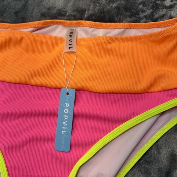 POPVIL Sz L High Waisted Bikini Bottom Neon Color Block Pink Yellow Orange NWT - Picture 3 of 10